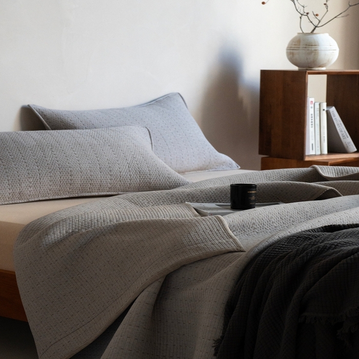 91家纺网 家纺一手货源 找家纺 璞素2025新款全棉色织三层纱床盖三件套-摩卡 摩卡咖