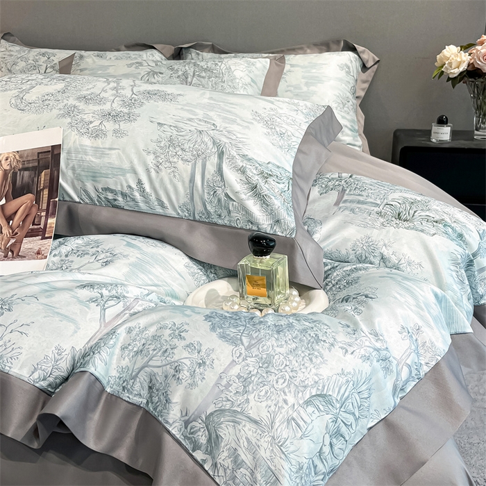 91家纺网 家纺一手货源 找家纺 笙意家纺 2025新款水洗冰丝数码印花宽边四件套 阡陌