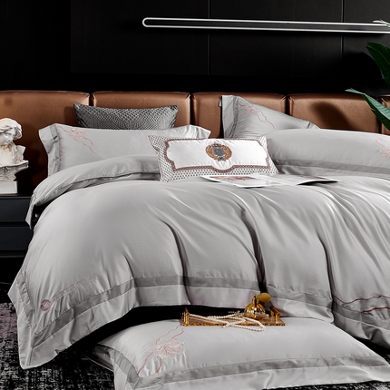 U品汇 2025新款60支天丝棉莱赛尔纤维刺绣花四件套纯棉全棉凉感丝滑礼盒包装（西雅图） 西雅图-极光灰