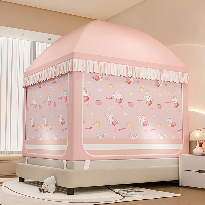 91家纺网 家纺一手货源 找家纺 冉美家纺 2025新款屋顶式遮光防尘防摔蚊帐 蜜桃兔-樱花粉