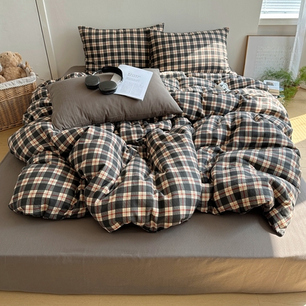 桃喜 2025新款春夏双层纱复古格子系列四件套 黑格