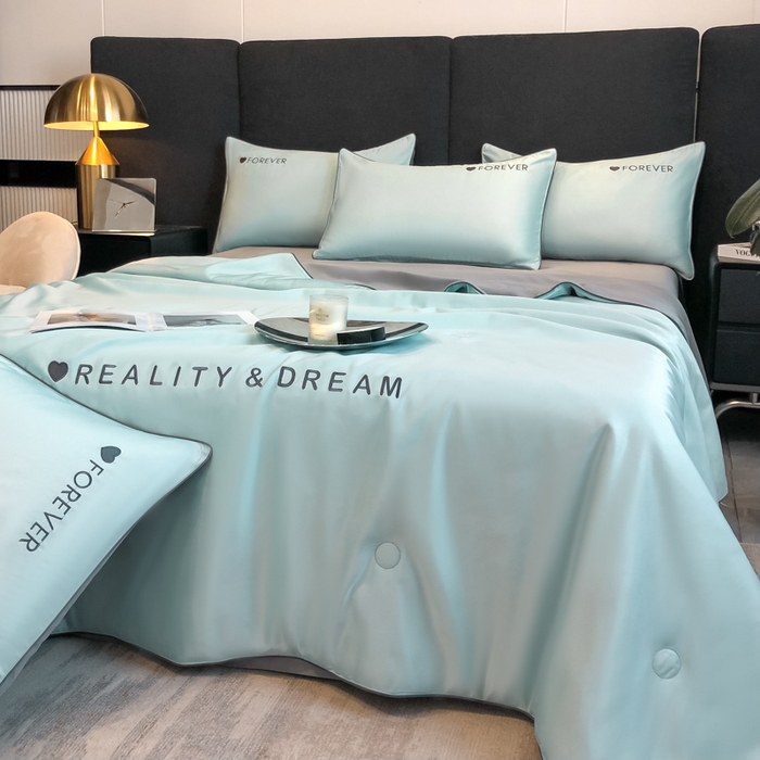 91家纺网 家纺一手货源 找家纺 吾诺 2025 双拼及羽毛刺绣夏被四件套绣花夏被水洗天丝夏被水洗真丝夏凉被空调被 梵星蓝-经典灰