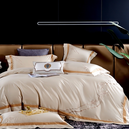 U品汇 2025新款60支天丝棉莱赛尔纤维刺绣花四件套纯棉全棉凉感丝滑礼盒包装（西雅图） 西雅图-香槟色