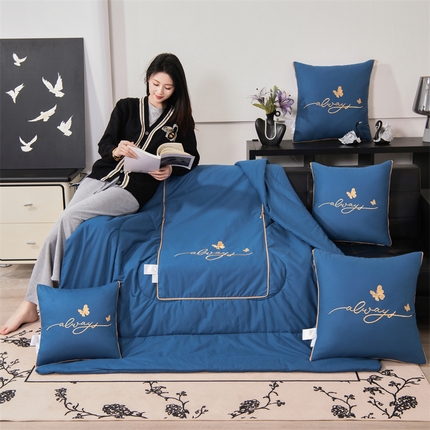 照世家纺 2025新款柔软透气全棉抱枕被-蝶影 蝶影-孔雀蓝