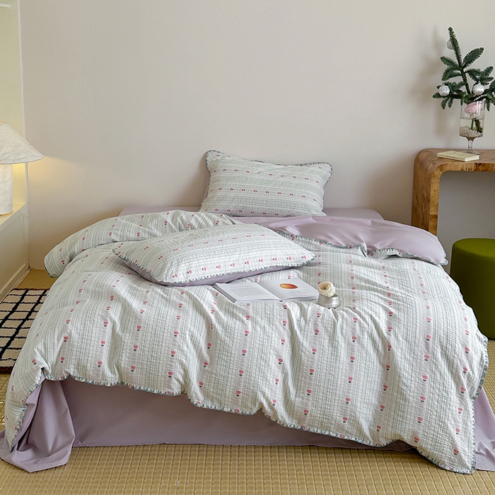 91家纺网 家纺一手货源 找家纺 觅糖家纺 2025新款色织提花贝壳边三角针系列四件套 温柔郁金香