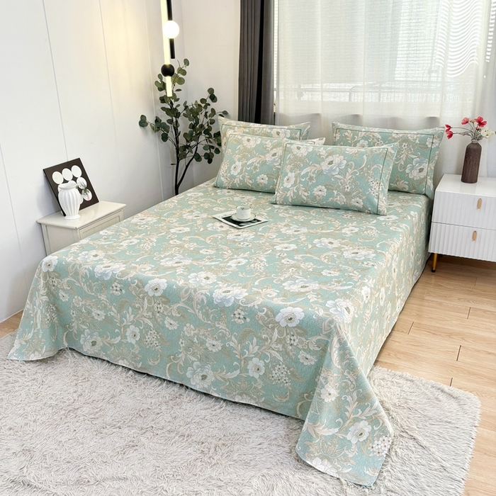 91家纺网 家纺一手货源 找家纺 伊而梦蚊帐 2025新款A类老粗布抗菌床单 四时花-绿