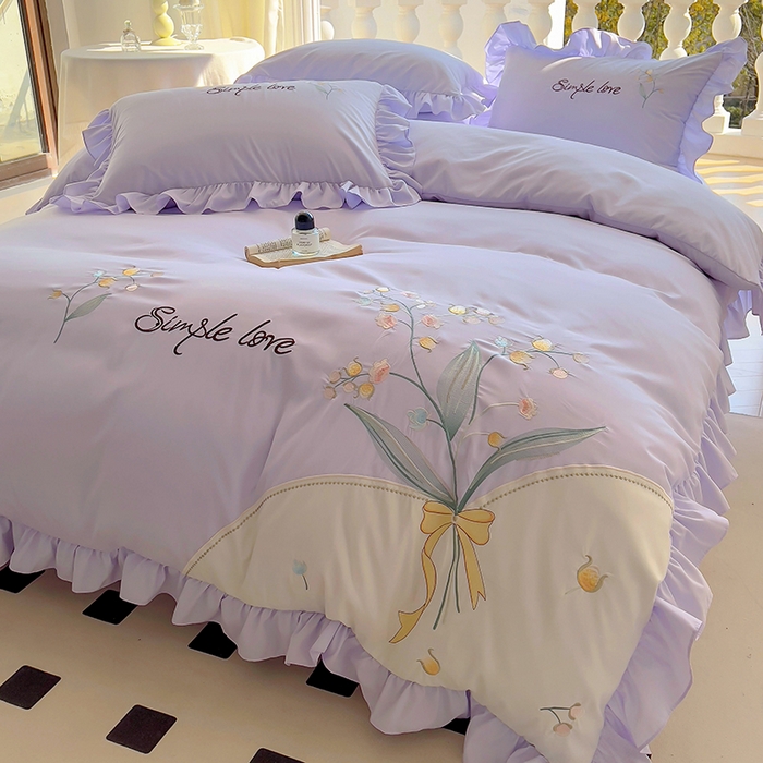 91家纺网 家纺一手货源 找家纺 凯美家居 2025新款超柔亲肤磨毛刺绣花仙子系列四件套 花仙子 浅紫