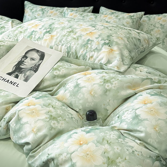 91家纺网 家纺一手货源 找家纺 慕晨 2025春夏新品莱赛尔天丝数码印花四件套莱赛尔夏被四件套天丝夏凉被直播热款 芳馨-绿