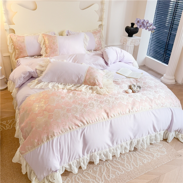 91家纺网 家纺一手货源 找家纺 富盛 2025新款水洗亲肤棉浮雕提花公主风四件套 月光恋人-紫