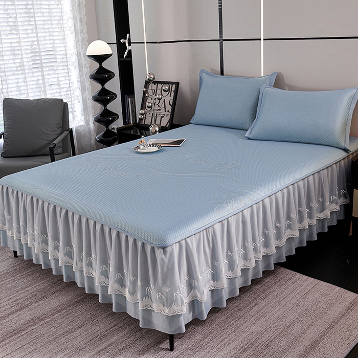 91家纺网 家纺一手货源 找家纺 青雅席业 2025新款7A抗菌母婴级纯乙纶PE刺绣凉感丝豆豆席 床裙款 浪花-蓝