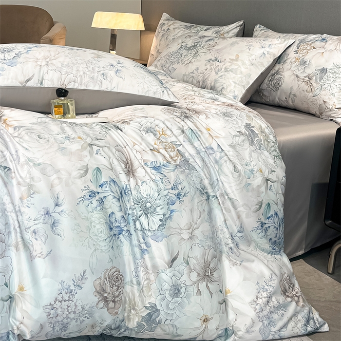 91家纺网 家纺一手货源 找家纺 笙意家纺2025新款水洗冰丝数码印花暗盒款四件套 花韵