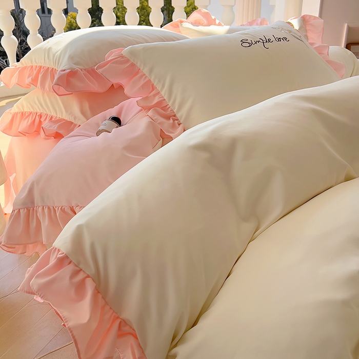 91家纺网 家纺一手货源 找家纺 凯美家居 2025新款超柔亲肤磨毛刺绣花仙子系列四件套 花仙子 白粉