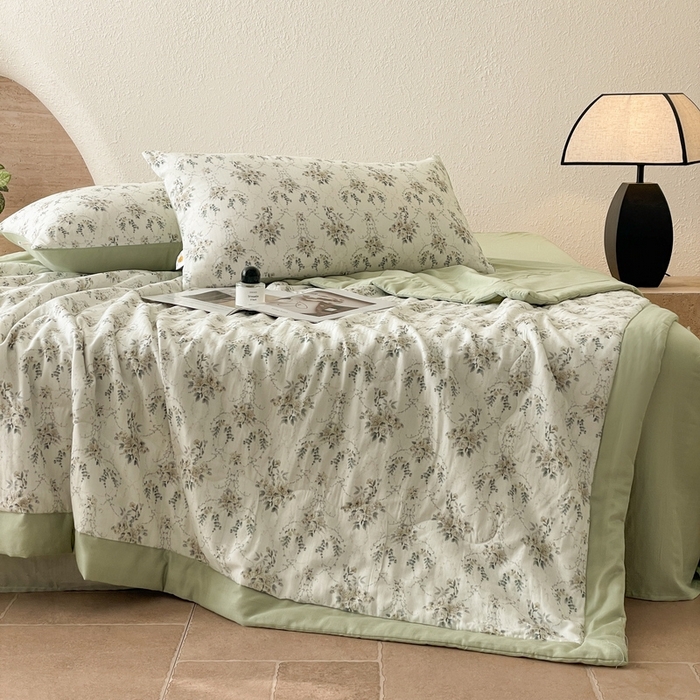 91家纺网 家纺一手货源 找家纺 慕晨 2025新款全棉双层纱四件套莱赛尔夏被莱赛尔夏被四件套天丝夏凉被直播 羽葵