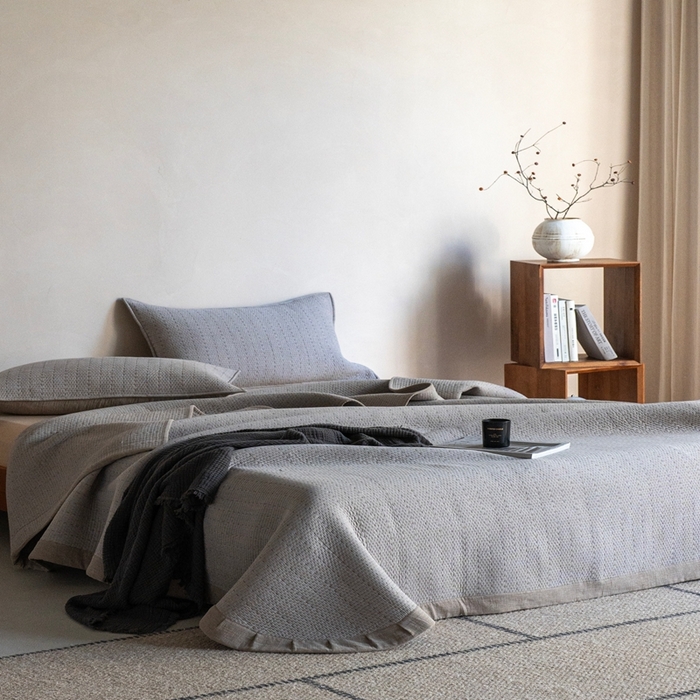 91家纺网 家纺一手货源 找家纺 璞素2025新款全棉色织三层纱床盖三件套-摩卡 摩卡咖