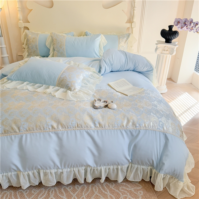 91家纺网 家纺一手货源 找家纺 富盛 2025新款水洗亲肤棉浮雕提花公主风四件套 月光恋人-蓝