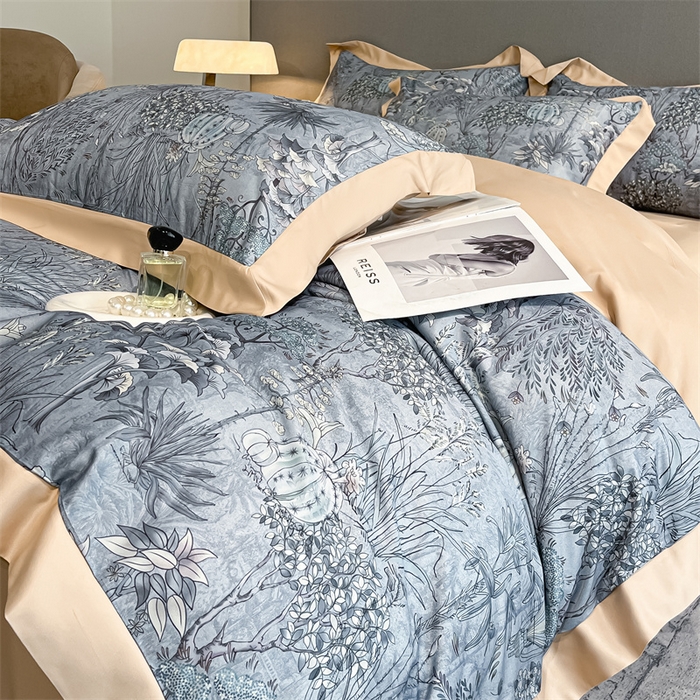 91家纺网 家纺一手货源 找家纺 笙意家纺 2025新款水洗冰丝数码印花宽边四件套 妙然-卡其