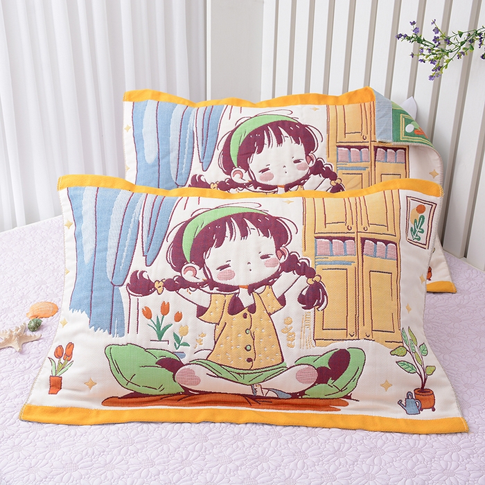 91家纺网 家纺一手货源 找家纺 2025新款全棉八层纱枕巾情侣枕巾 早安少女