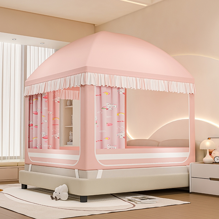 91家纺网 家纺一手货源 找家纺 冉美家纺 2025新款屋顶式遮光防尘防摔蚊帐 蜜桃兔-樱花粉