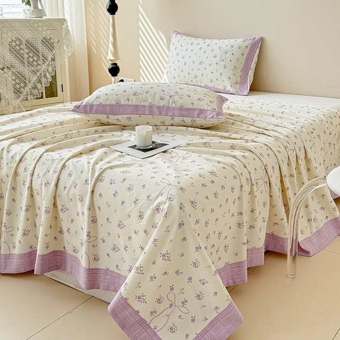 91家纺网 家纺一手货源 找家纺 蓝邻家纺 2025新款100%新疆原棉粗布小清新拼角工艺款系列单床单 紫茉