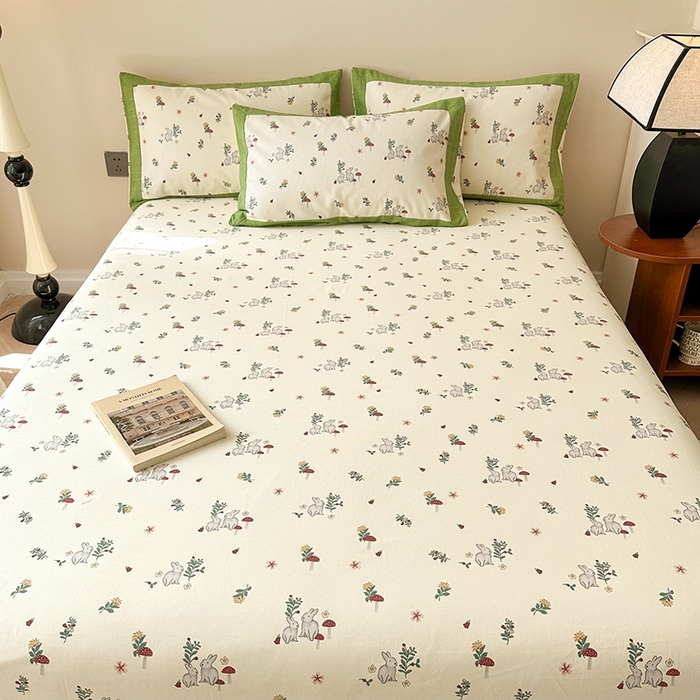 91家纺网 家纺一手货源 找家纺 蓝邻家纺 2025新款100%新疆原棉粗布小清新拼角工艺款系列单床单 花枝兔