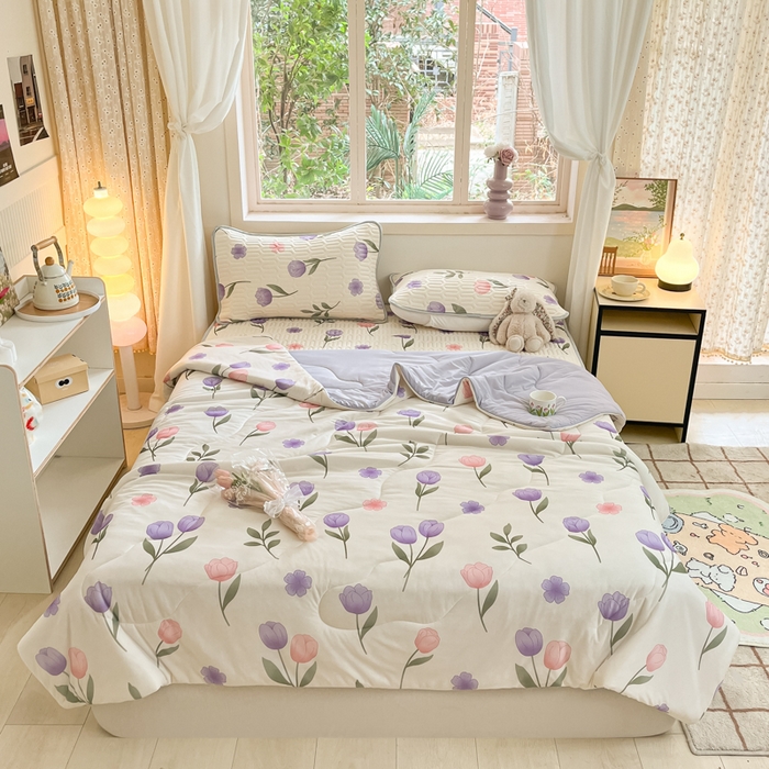 91家纺网 家纺一手货源 找家纺 维洋家纺 2025（专版花型）A类凉感丝夏被 凉感夏凉被双面加倍透气（四周踩棉） 郁金香