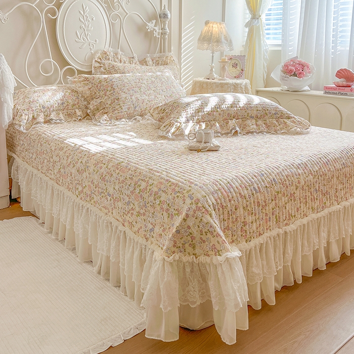 91家纺网 家纺一手货源 找家纺 麒豆豆 2025新款全棉印花双层纱床盖 悠若花园