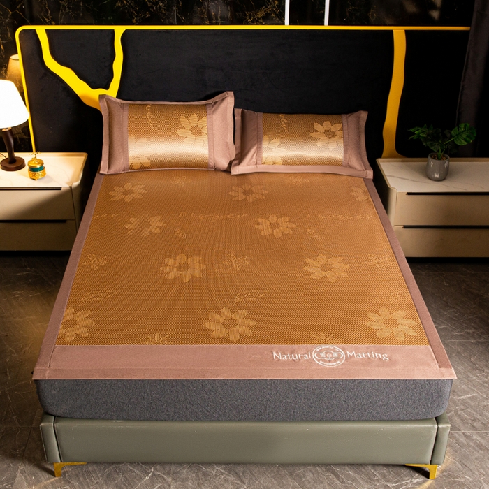 91家纺网 家纺一手货源 找家纺 卡罗兰 2025新款凉席冰丝席提花冰藤席雪山藤向阳花系列 向阳花-棕色