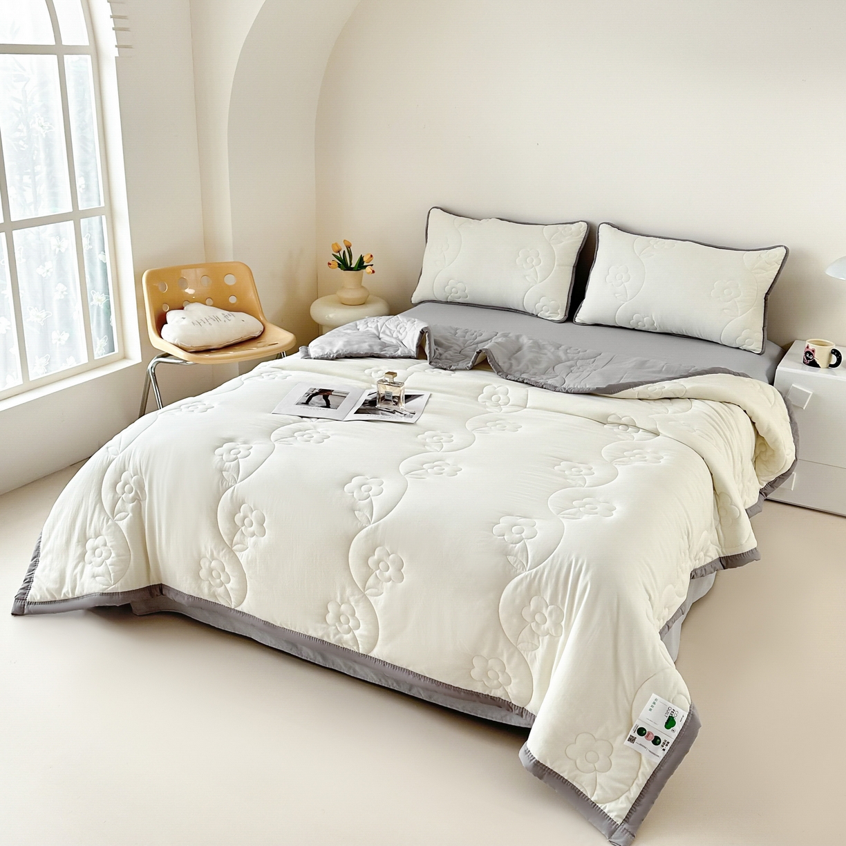 91家纺网 家纺一手货源 找家纺 芙绣家纺 2025新款针织棉绗缝夏被-莫奈花园 莫奈花园-奶白