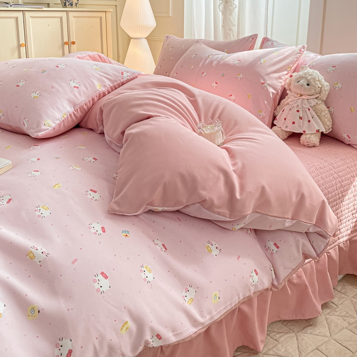 91家纺网 家纺一手货源 找家纺 仟网汇 2025新款针织双层纱床盖四件套 凯蒂猫