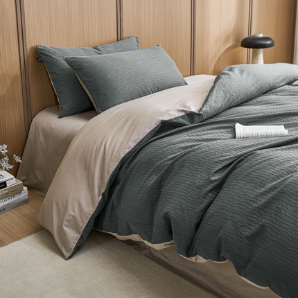 91家纺网 家纺一手货源 找家纺 恋人优选 2025新款波纹纱全棉纯棉提花四件套 山屿灰