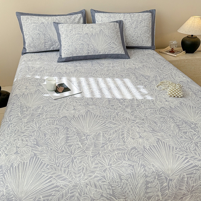 91家纺网 家纺一手货源 找家纺 蓝邻家纺 2025新款100%新疆原棉粗布小清新拼角工艺款系列单床单 雨藤-灰