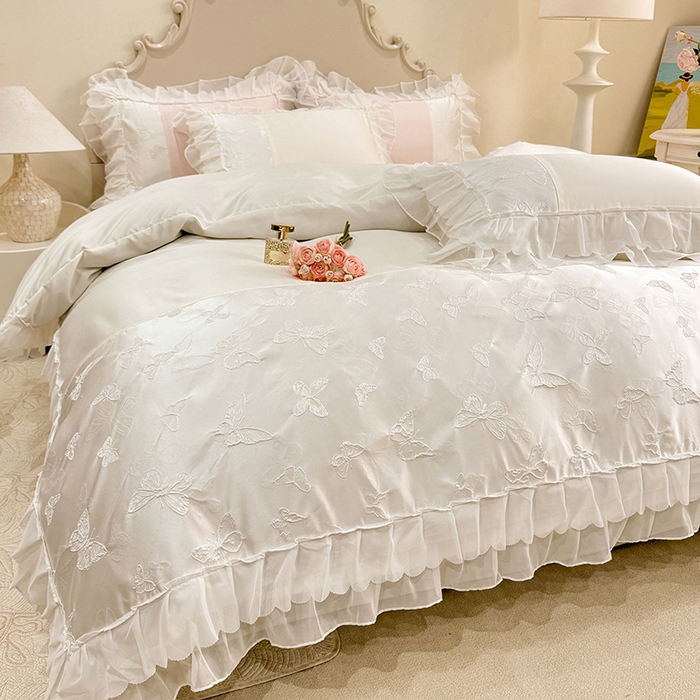 91家纺网 家纺一手货源 找家纺 艾米家居 2025新款韩版双层花边轻奢浮雕系列水洗冰丝四件套 白花边