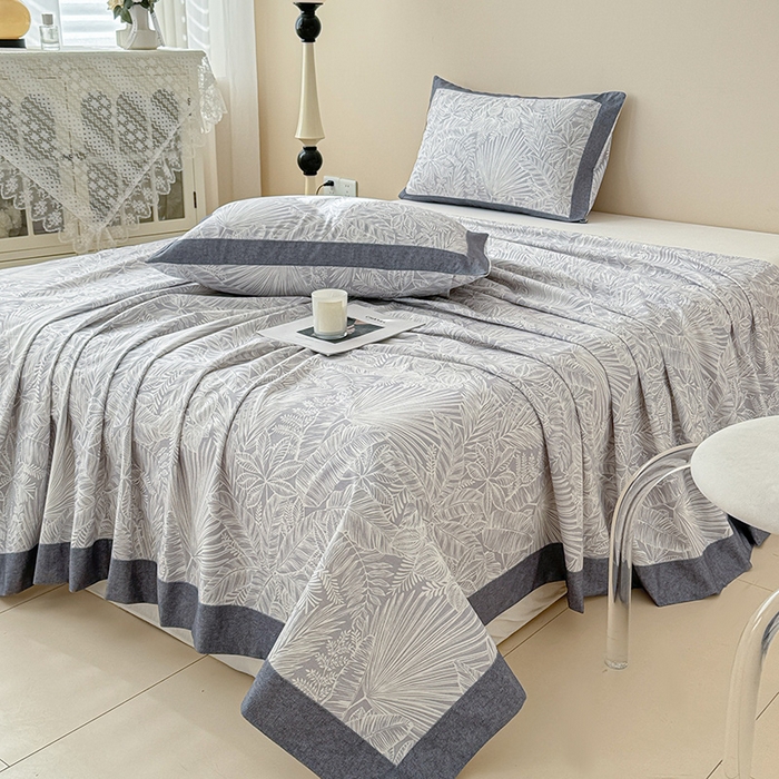 91家纺网 家纺一手货源 找家纺 蓝邻家纺 2025新款100%新疆原棉粗布小清新拼角工艺款系列单床单 雨藤-灰