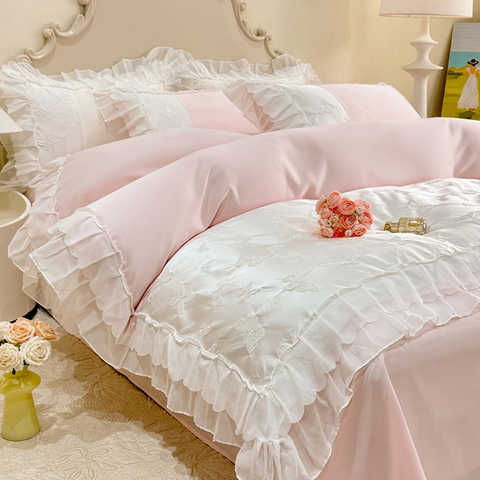 91家纺网 家纺一手货源 找家纺 （总）艾米家居 2025新款韩版双层花边轻奢浮雕系列水洗冰丝四件套