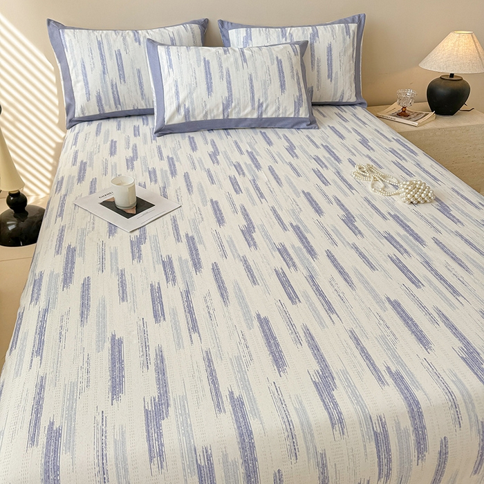 91家纺网 家纺一手货源 找家纺 蓝邻家纺 2025新款100%新疆原棉粗布小清新拼角工艺款系列单床单 辰浠-蓝