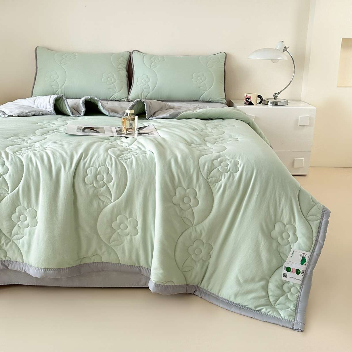 91家纺网 家纺一手货源 找家纺 芙绣家纺 2025新款针织棉绗缝夏被-莫奈花园 莫奈花园-艾绿