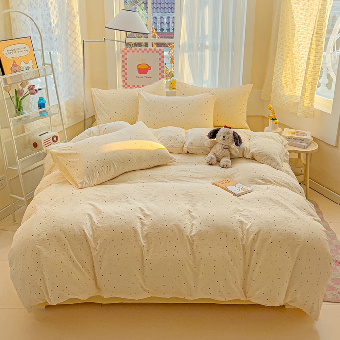 91家纺网 家纺一手货源 找家纺 暖芯优选 2025新款加厚云感棉双层纱四件套小碎花被套床单床笠款学生三件套新款直播热款 小波点