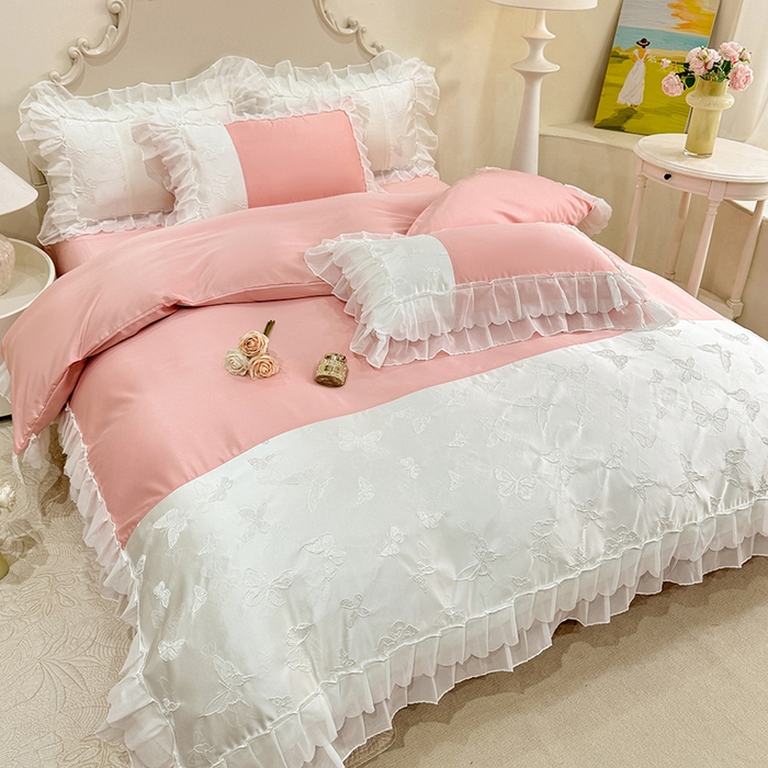 91家纺网 家纺一手货源 找家纺 艾米家居 2025新款韩版双层花边轻奢浮雕系列水洗冰丝四件套 豆沙花边