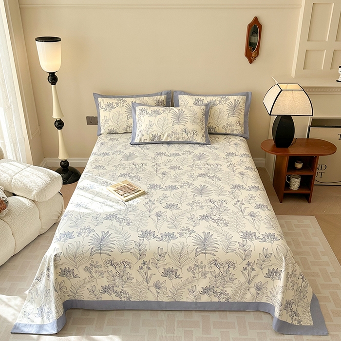 91家纺网 家纺一手货源 找家纺 蓝邻家纺 2025新款100%新疆原棉粗布小清新拼角工艺款系列单床单 繁花-蓝