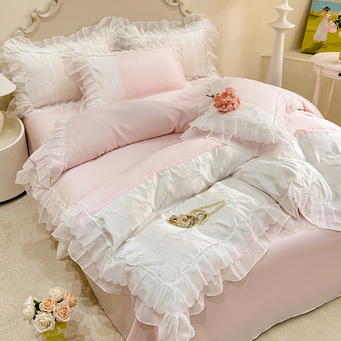 91家纺网 家纺一手货源 找家纺 （总）艾米家居 2025新款韩版双层花边轻奢浮雕系列水洗冰丝四件套