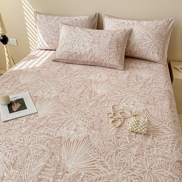 91家纺网 家纺一手货源 找家纺 蓝邻家纺 2025新款100%新疆原棉粗布小清新拼角工艺款系列单床单 雨藤-咖