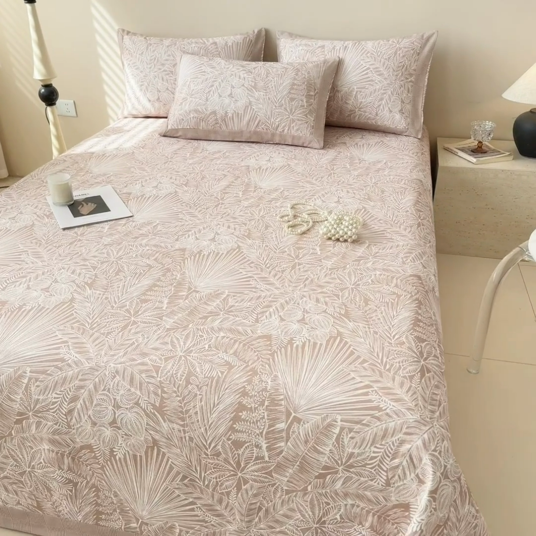 91家纺网 家纺一手货源 找家纺 蓝邻家纺 2025新款100%新疆原棉粗布小清新拼角工艺款系列单床单 雨藤-咖