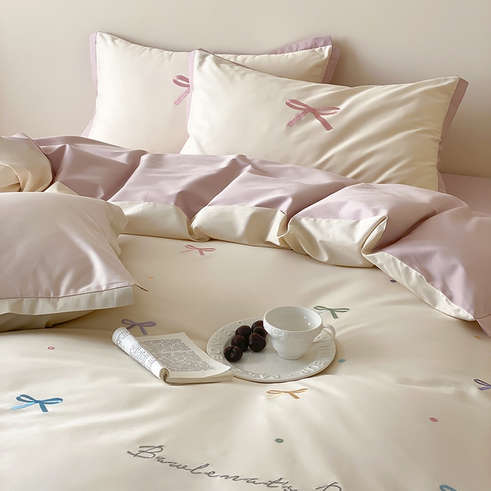 91家纺网 家纺一手货源 找家纺 时亿家居 2025新款100支长绒棉小清新四件套-梦幻蝴蝶结 梦幻蝴蝶结-奶油慕斯