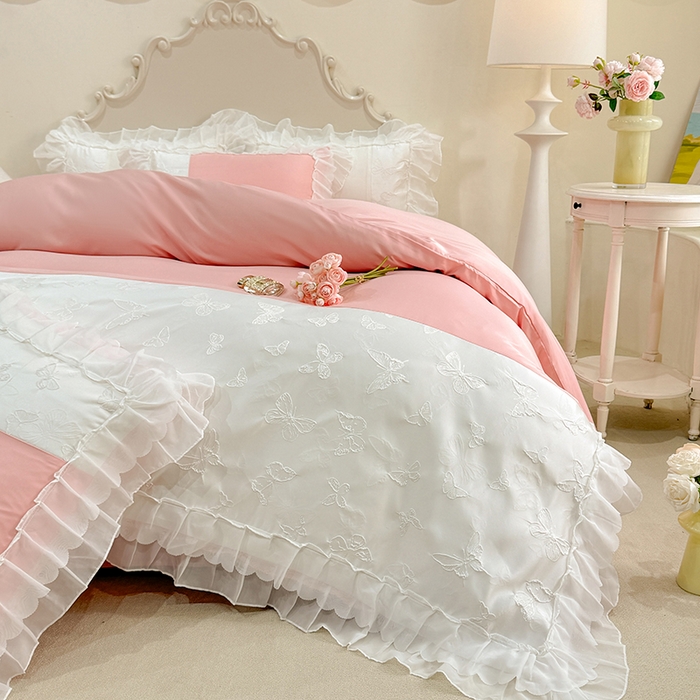 91家纺网 家纺一手货源 找家纺 艾米家居 2025新款韩版双层花边轻奢浮雕系列水洗冰丝四件套 豆沙花边