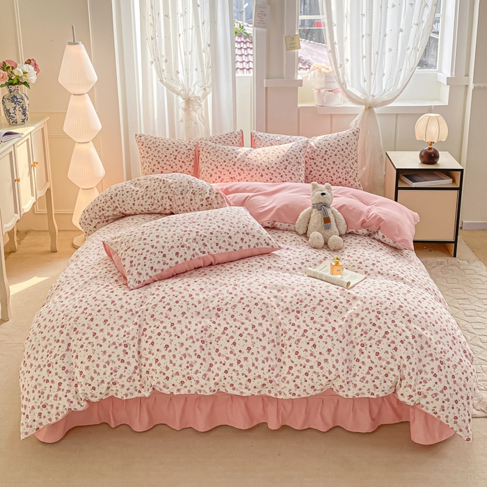 91家纺网 家纺一手货源 找家纺 仟网汇 2025新款针织双层纱床盖四件套 春日小花