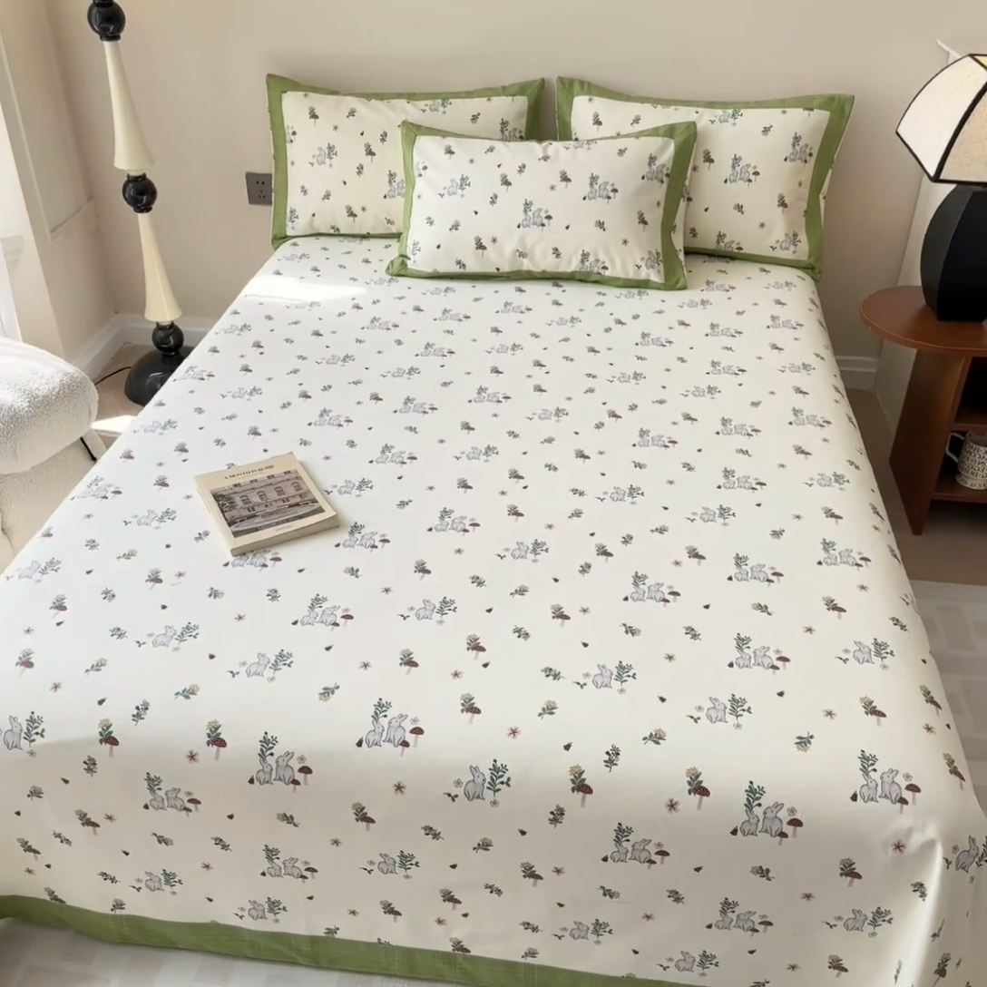 91家纺网 家纺一手货源 找家纺 蓝邻家纺 2025新款100%新疆原棉粗布小清新拼角工艺款系列单床单 花枝兔