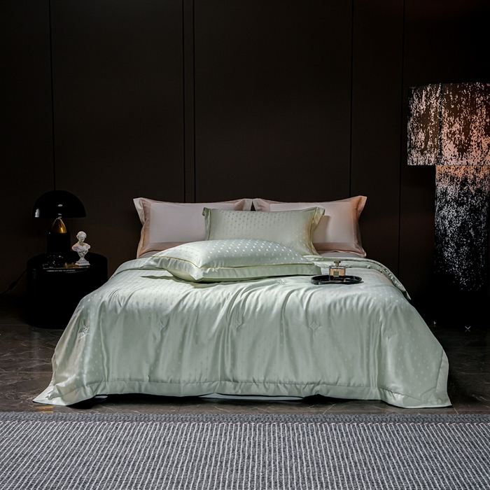 91家纺网 家纺一手货源 找家纺 2025新款格利亚天丝提花夏被四件套 格子-绿