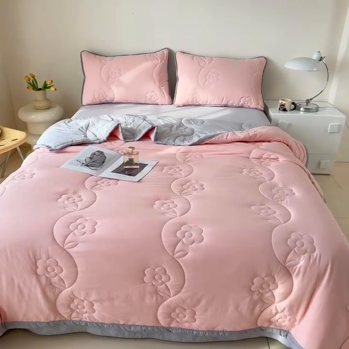 91家纺网 家纺一手货源 找家纺 芙绣家纺 2025新款针织棉绗缝夏被-莫奈花园 莫奈花园-粉色