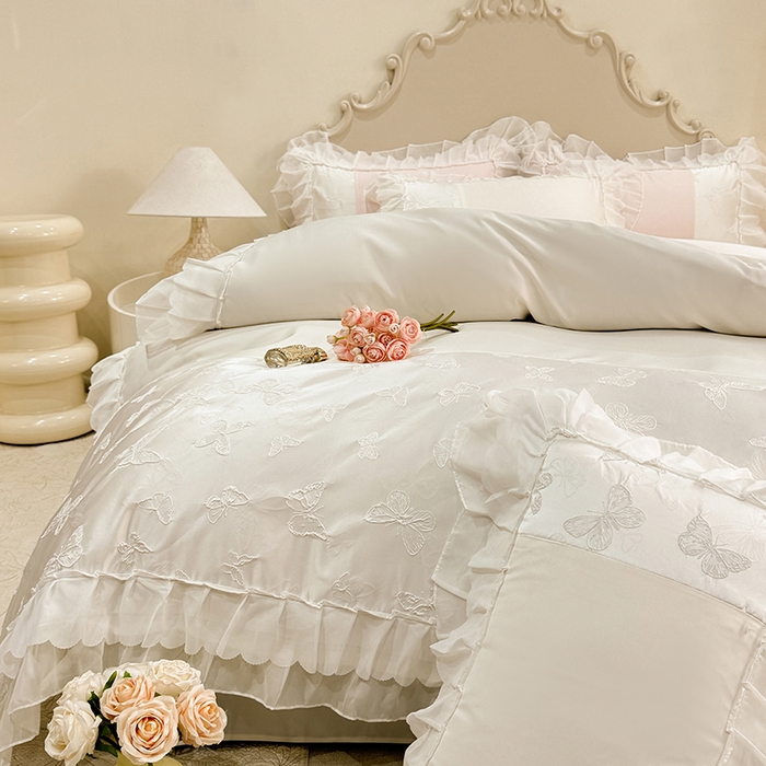 91家纺网 家纺一手货源 找家纺 艾米家居 2025新款韩版双层花边轻奢浮雕系列水洗冰丝四件套 白花边