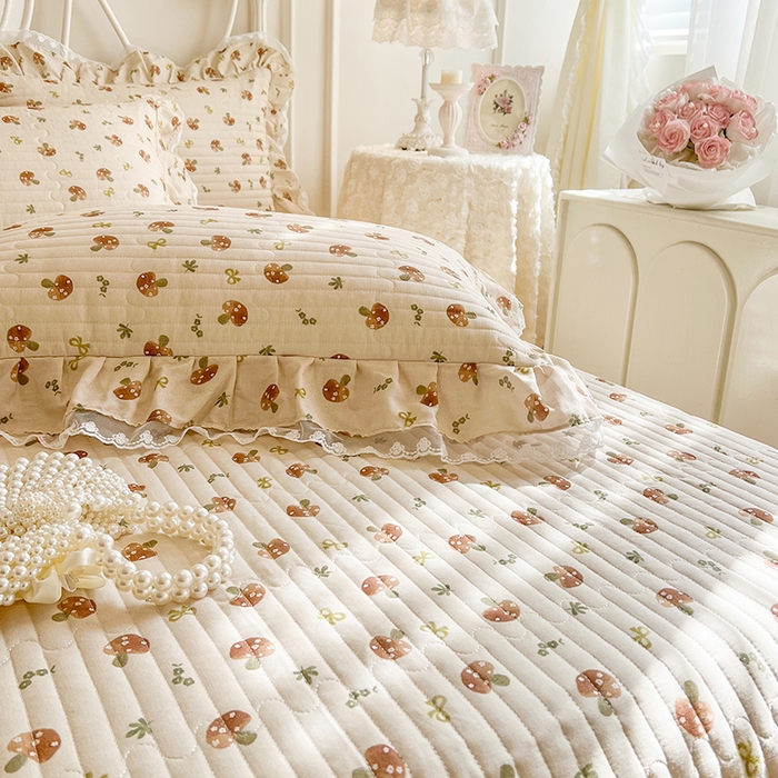 91家纺网 家纺一手货源 找家纺 麒豆豆 2025新款全棉印花双层纱床盖 蘑菇力